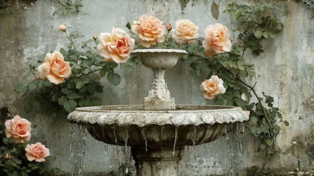 Old stone fountain framed by Pretty Roses.