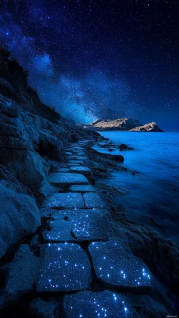 Old stone paths glittering under starry tides.