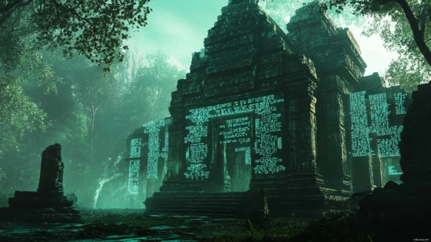 Old temples converted into cyberpunk shrines glowing with bioluminescent graffiti and digital banners.