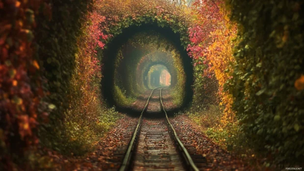 Old train track stretching into a tunnel of autumn colors.