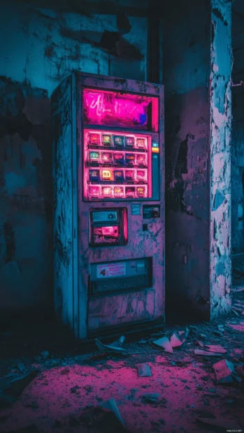 Old vending machine glowing in abandoned cyber station.