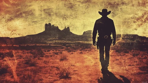 Old west cowboy walking toward distant mountains.