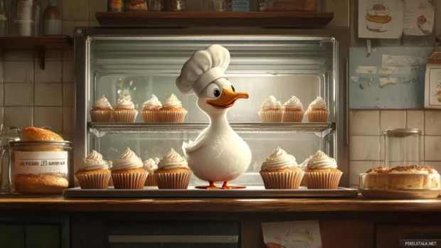 On a bakery counter, a duck with a chef hat watches cupcakes rise in the oven.