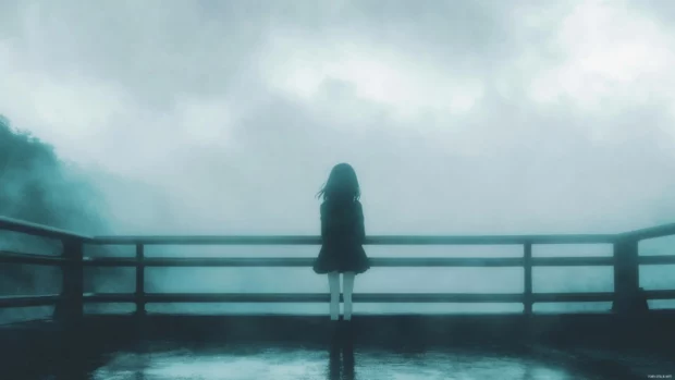 On a foggy bridge, an anime girl gazes into the distance under cloudy skies.