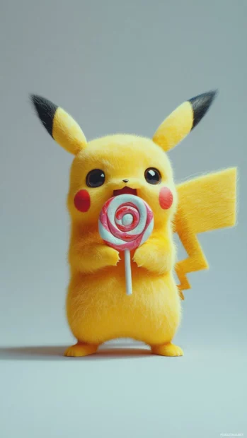 On a light gray background, Pikachu holds a lollipop half his size while looking delighted.