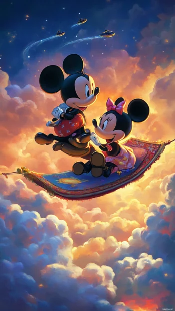 On a magical flying carpet, Mickey and Minnie Mouse soar above the clouds.