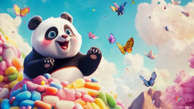 On a mountaintop of candy, the Laughing Panda sings with birds and butterflies.