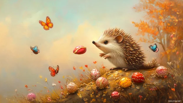 On a mountaintop of candy, the Little Hedgehog sings with birds and butterflies.