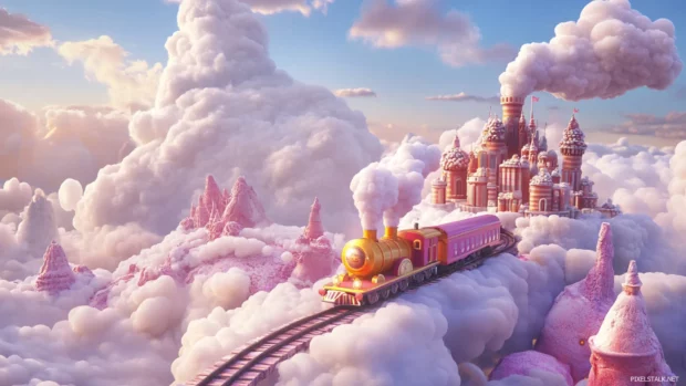On a mountaintop of candy, the sleepy Adventure Train builds castles from clouds.