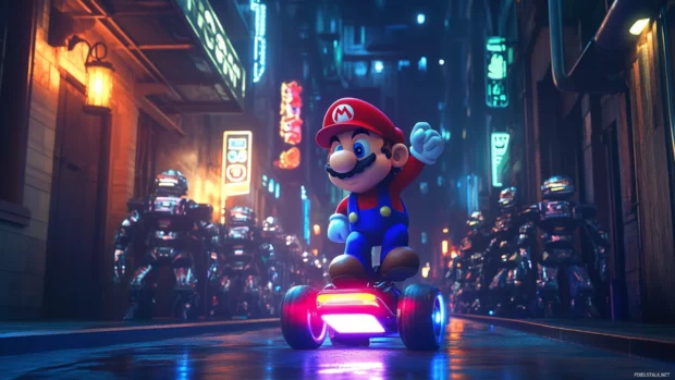 On a neon hoverboard, Mario glides past a line of robots in a futuristic alley.