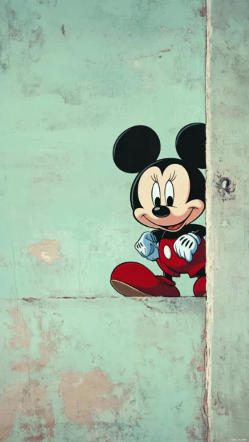 On a pale green background, Cute Mickey Mouse peeks shyly from behind a wall.