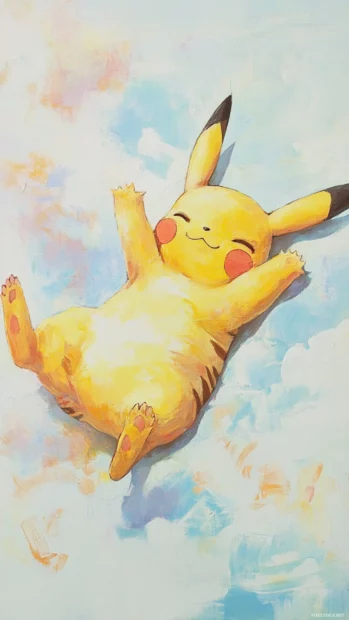 On a pale sky background, Pikachu stretches lazily while lying on his back.