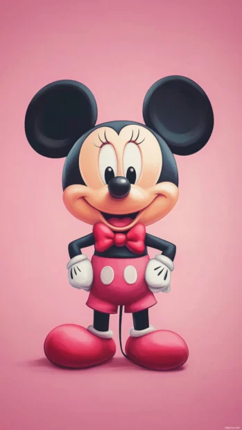 On a pastel pink background, Cute Mickey Mouse wears a small red bowtie.