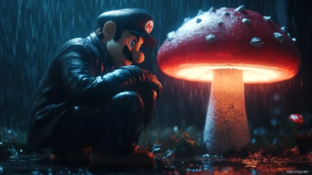 On a rainy night, Mario wears a leather coat and leans against a glowing red mushroom.