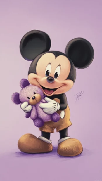 On a simple lavender background, Cute Mickey Mouse hugs a plush toy.