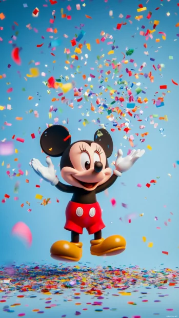 On a soft blue backdrop, Cute Mickey Mouse tosses confetti into the air.