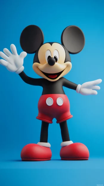 On a solid blue backdrop Cute Mickey Mouse waves cheerfully.