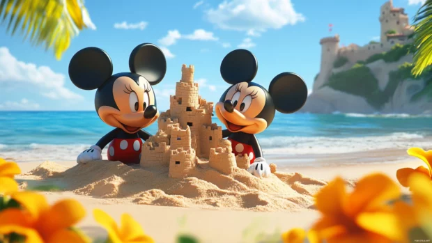 On a sunny beach, Mickey and Minnie Mouse build a sandcastle together.