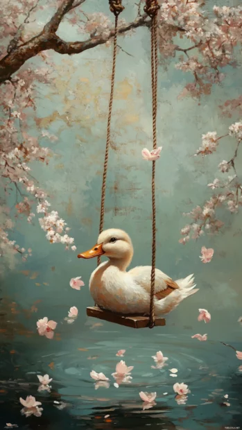 On a swing tied to a cherry tree, the duck gently floats through a petal breeze.