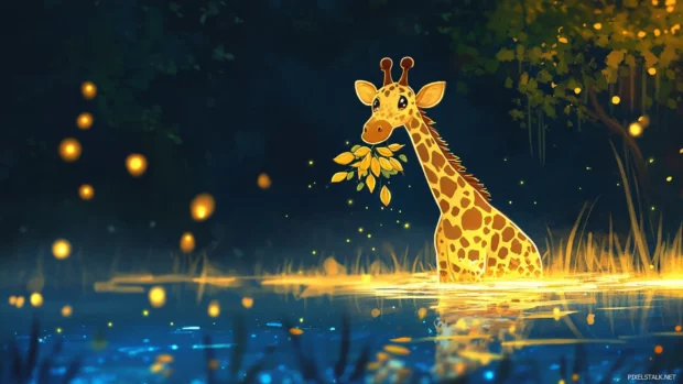 On the edge of a glowing lake, a cheerful Tiny Giraffe gathers candy leaves.