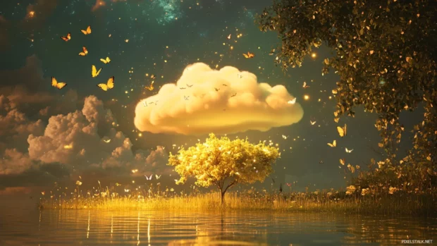 On the edge of a glowing lake, a joyful Cozy Cloud sings with birds and butterflies.