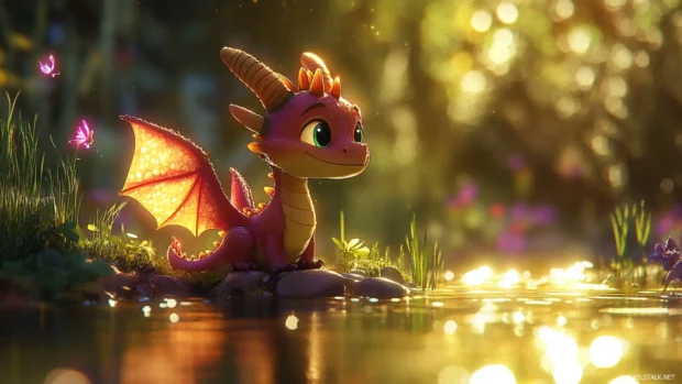 On the edge of a glowing lake, a joyful Mini Dragon explores the land of dreams.