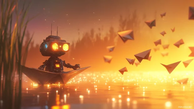 On the edge of a glowing lake, a joyful Robot Buddy flies among paper planes.