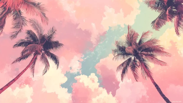 On the horizon, pastel summer skies melt into gentle pink clouds and soft palm trees swaying.