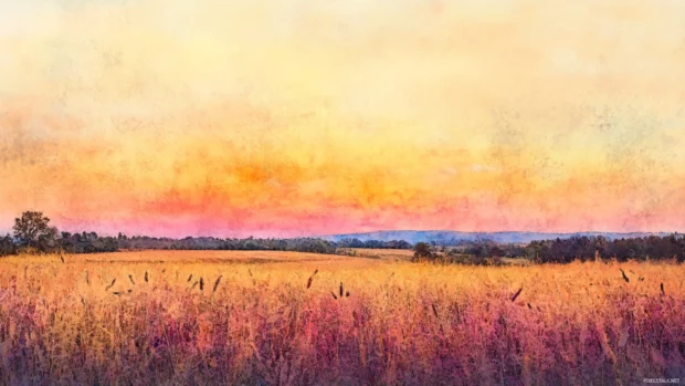 Open fields turning amber under a fading watercolor sunset.