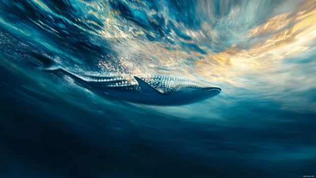 Open ocean perspective of whale shark in motion.