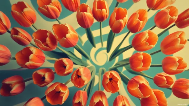 Orange tulips arranged in 70s inspired circular pattern.