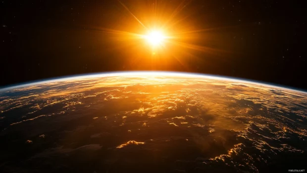 Orbital sunset view behind a distant world.