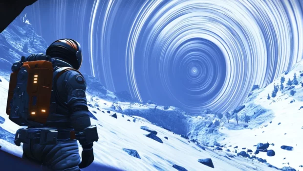 Orbiting a frozen planet, the astronaut views a spiraling storm system through tinted glass.