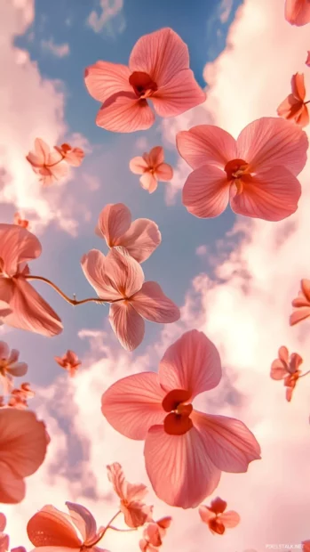 Orchid blossoms floating across a pastel sky, iPhone lock screen filled with grace.