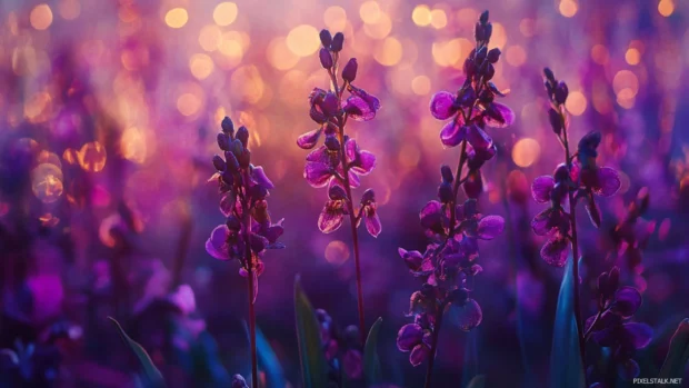 Orchid garden in radiant purple palette with natural bokeh.