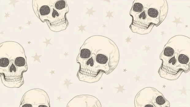 Outlined skulls with glitter cheeks spread over soft neutral tone.
