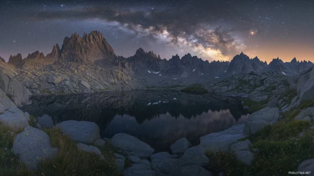 Over a quiet mountain range, a beautiful starry sky reflects in a calm lake below, creating a stunning mirror effect of the night sky.