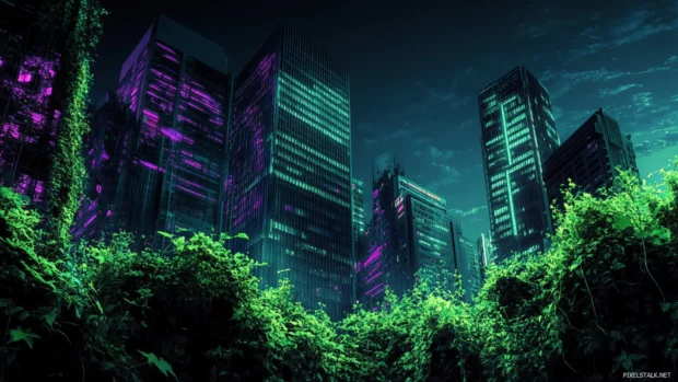 Overgrown cityscape with neon vines and moss.