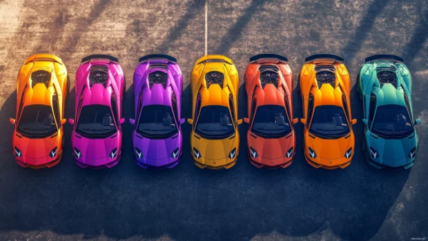 Overhead capture of Lamborghini lineup forming a color gradient from violet to orange.
