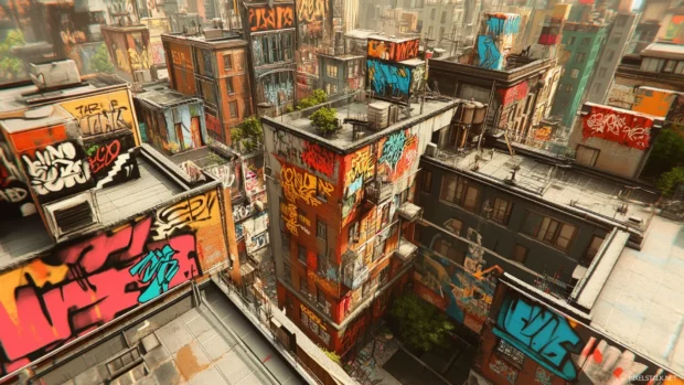 Overhead city view mapped with graffiti signals and spray fonts.