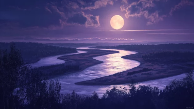 Overhead view of winding rivers glistening under moonlight.