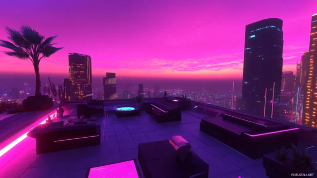 Overlooking neon cityscape from cyberpunk rooftop inspired by Neon cyberpunk rooftop view.