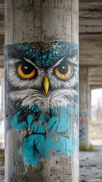 Owl eyes staring from layered graffiti text over highway pillar.