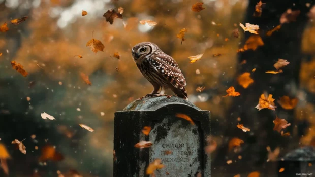 Owl perched on tombstone surrounded by falling leaves.