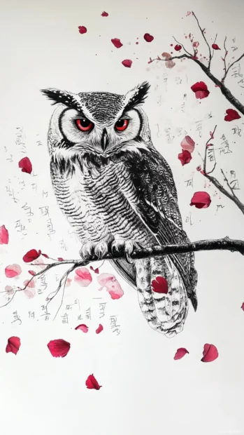 Owl perching on branch of calligraphy phrases and petals.