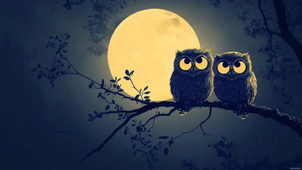 Owls blinking and turning heads under moonlit skies.