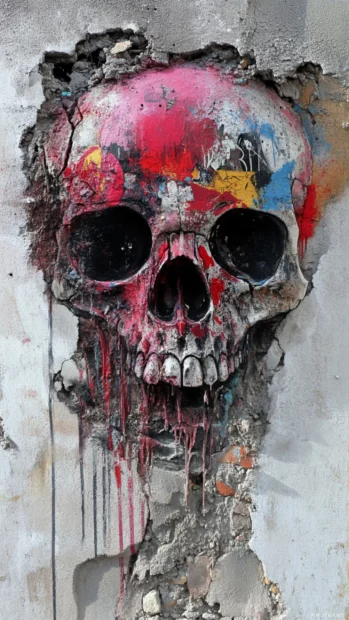 Paint splashed skull staring from urban rubble wall.
