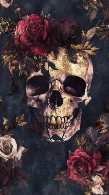 Painted cool skull wallpaper with dark roses and gold metallic spray.