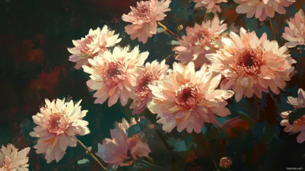 Painterly chrysanthemums overlapping gently with subtle shadows.