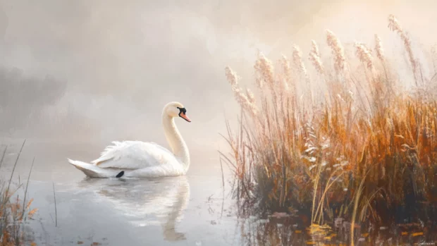 Painterly style Swan near river reeds and light fog.